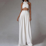 Commuting Cross Stand Collar Sleeveless Pure Colour High-Waist Suit