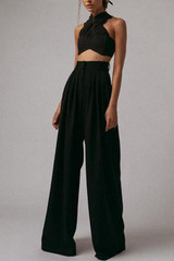 Commuting Cross Stand Collar Sleeveless Pure Colour High-Waist Suit