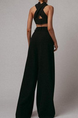 Commuting Cross Stand Collar Sleeveless Pure Colour High-Waist Suit