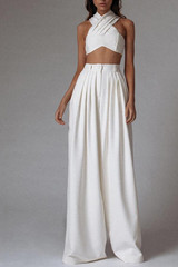 Commuting Cross Stand Collar Sleeveless Pure Colour High-Waist Suit