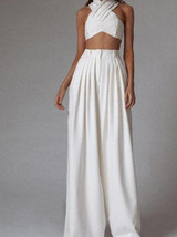 Commuting Cross Stand Collar Sleeveless Pure Colour High-Waist Suit