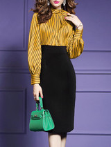 Band Collar  Vertical Striped Bodycon Dress