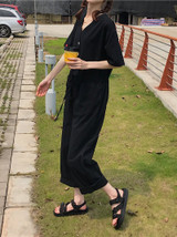 Casual V Neck Belted Single-Breasted Pure Colour Jumpsuit Casual V Neck Belted Single-Breasted Pure Colour Jumpsuit