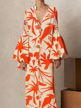 V Collar Long-Sleeved Printing Loose Casual Maxi Dress