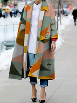 Fashion Turndown   Collar Printed Colour Long Sleeve Slit Coat