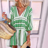 Fashion V-Neck Irregular Striped Printed Puff Sleeve Dresses