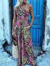 Sexy Sleeveless One Shoulder Print Slim Casual Vacation Maxi Dress