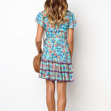 Simple V Collar Floral Printed Beach Vacation Dress