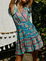 Simple V Collar Floral Printed Beach Vacation Dress