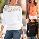 Round Neck  Patchwork Plain  Batwing Sleeve T-Shirts Round Neck  Patchwork Plain  Batwing Sleeve T-Shirts