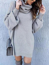 Casual Loose Long High   Collar Knitting Sweater Mini Dress