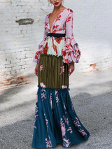 Sexy Deep V Collar Floral Printed Split Joint Maxi Dress