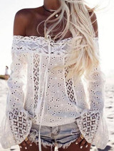 Off Shoulder  Backless Drawstring  Hollow Out Plain Blouses