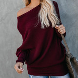 Oblique Collar Knitting Long Sleeve Plain Sweaters