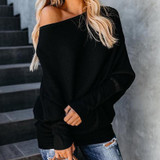 Oblique Collar Knitting Long Sleeve Plain Sweaters