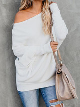 Oblique Collar Knitting Long Sleeve Plain Sweaters