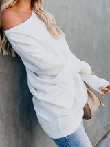 Oblique Collar Knitting Long Sleeve Plain Sweaters