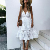 Solid Color Sling Lace Midi Vacation  Dress