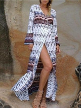 Elegant V-Neck Long Sleeved Bohemia Maxi Vacation Dress