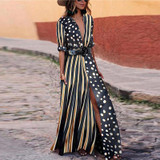 Fashionable V-Neck Striped Polka Dot Vacation Dress