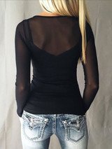 Crew Neck  Patchwork See-Through  Plain Long Sleeve T-Shirts
