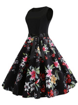 Round Neck  Bowknot Patchwork  Floral Printed Skater Dress