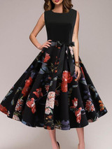 Round Neck  Bowknot Patchwork  Floral Printed Skater Dress