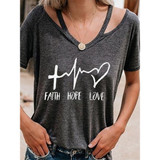 V Neck Hollow Out Short Sleeve Letters Printed T-Shirts