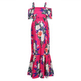 Magenta Floral Ruffle Open Shoulder Maternity Maxi Dress