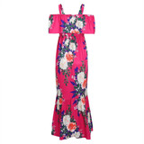 Magenta Floral Ruffle Open Shoulder Maternity Maxi Dress