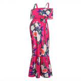 Magenta Floral Ruffle Open Shoulder Maternity Maxi Dress