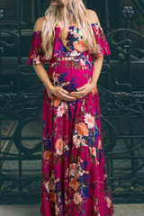 Magenta Floral Ruffle Open Shoulder Maternity Maxi Dress