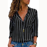 Turn Down Collar  Asymmetric Hem Single Breasted  Striped  Blouses