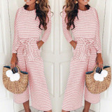 Long-Sleeved Striped Print Jumpsuits