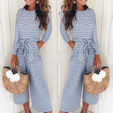 Long-Sleeved Striped Print Jumpsuits