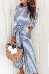 Long-Sleeved Striped Print Jumpsuits