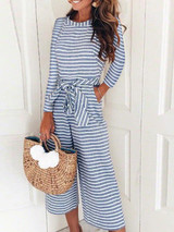 Long-Sleeved Striped Print Jumpsuits