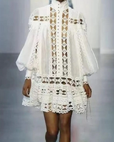 Women's Fashion Bubble Sleeves Hollow Out Mini Lace Dress