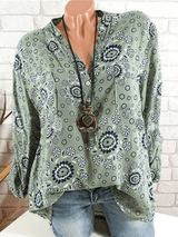 Printed Long Sleeve V-Neck Blouses