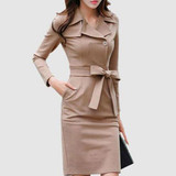 Fold-Over Collar Single Breasted Belt Plain Blend Bodycon Dresses