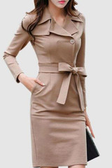 Fold-Over Collar Single Breasted Belt Plain Blend Bodycon Dresses