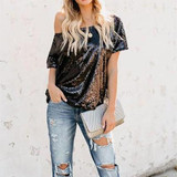 One Shoulder  Glitter  Plain T-Shirts