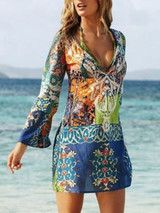 Sexy V Collar Printing Chiffon Beach Vacation Dress
