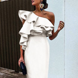 White Chic Ruffles One Shoulder Bodycon Dress