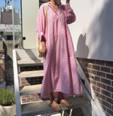 Casual Loose Plaid Long Sleeve Shirt Maxi Dress