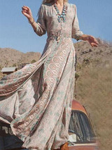 Retro Printed Sexy V Collar Vacation Dress