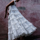 Vintage Square-Cut Collar Ruffled Belted Splicing Pleated Dress