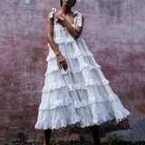 Vintage Square-Cut Collar Ruffled Belted Splicing Pleated Dress