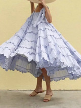 Vintage Square-Cut Collar Ruffled Belted Splicing Pleated Dress
