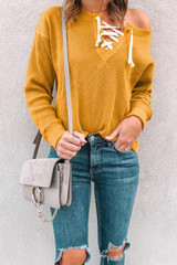 V Neck  Lace Up  Plain T-Shirts